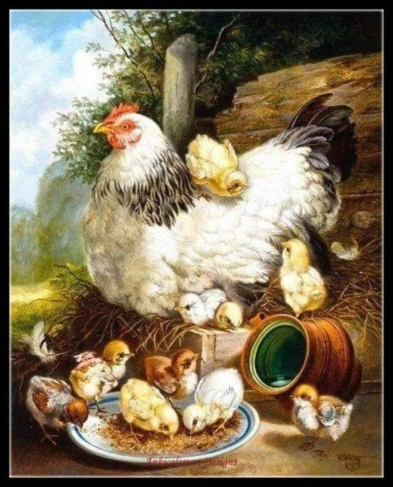 Hen with Her Chicks – Counted Cross Stitch Patterns – Printable Chart PDF Format Needlework Embroidery Crafts DIY DMC color