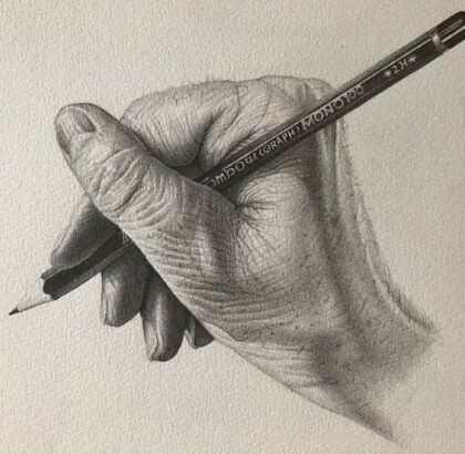 Detailed drawing of a hand holding a pencil